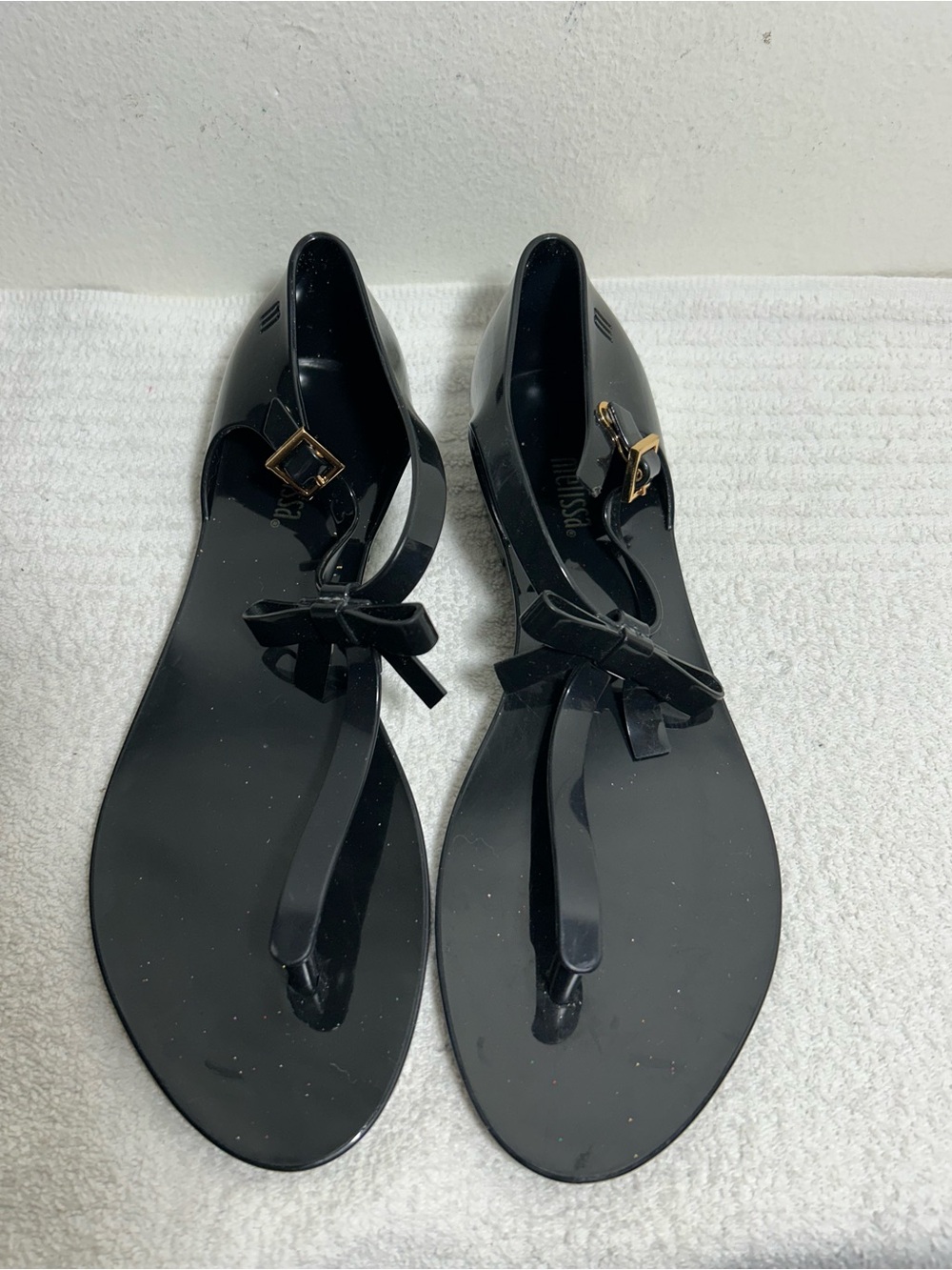 Melissa Black Jelly Bow Thong Sandals with Gold Buckle Sz 5